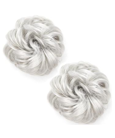 2Pcs Messy Bun Hair Piece Scrunchy Hair Bun Pieces Extension Curly Wavy Rubber Band Elastic Scrunchie Ponytail Hair Accessories (Silver gray)