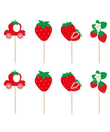 TSJ 16PCS Strawberry Cupcake Toppers Fruit Cupcake Sticks Cake Decoration for Strawberry Theme Party Baby Shower