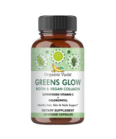 Organic Veda Greens Glow Superfoods Biotin Vegan Collagen Capsules for Hair Skin and Nails - Vitamin C E hyaluronic Acid & Chlorophyll - Moringa Green Tea Extract Antioxidants Supplement - 120