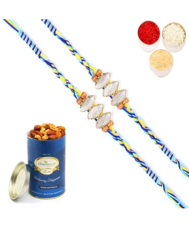 Ghasitaram Gifts Rakhi for Brother Rakhis Online - Set of 2-6400 Fancy Thread Rakhis with 100 GMS of Dryfruits Mix Can 2 Rakhi with 100 gms of Dryfruits Mix Can