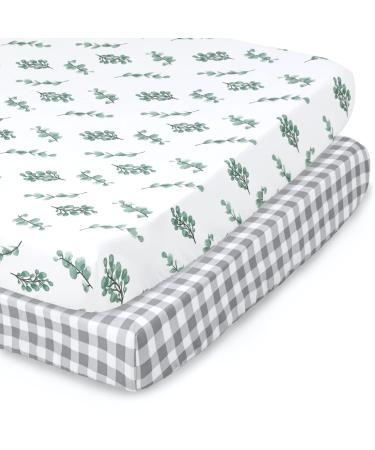 The Peanutshell Fitted Pack n Play, Playard, Mini Crib Sheets for Baby Boys or Girls | Unisex 2 Pack Set | Farmhouse Floral & Grey Plaid