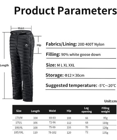 Naturehike Black Goose Down Pants - Ultra Warm Side Zipper - 29W x 19L - Buy Online on GoSupps.com