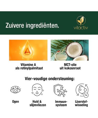 Vitactiv Natural Nutrition Vitamin A drops high dose 50 ml 1700 drops for 850 days 1000 g 3333 IU A vitamin per day highly bioavailable retinyl palmitate MCT oil from Germany laboratory tested - Buy Online on GoSupps.com