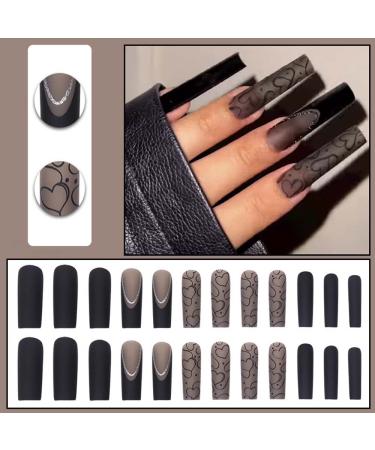 Black Press on Nails Long Coffin | Matte Heart Design | 24 Pcs Reusable Square Acrylic Fake Nails for Women | Perfect for Weddings & Christmas - Buy Online on GoSupps.com