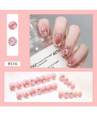 SINLOV Medium Long Square Fake Nails Pink Flower French False Nail Glossy Full Cover False Nails Press on Nails for Women and Girls - Buy Online on GoSupps.com