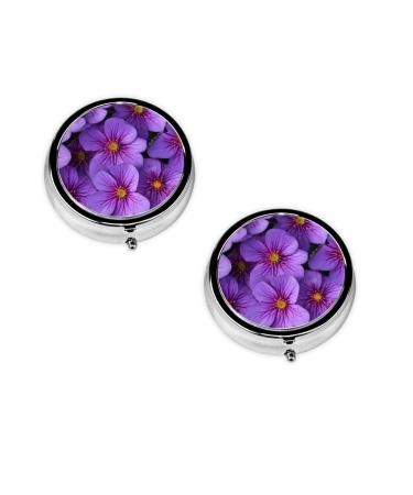 (Purple Lily Flowers) Round Pill Box 3 Compartment Pill Box Mini Decorative Pocket Purse Portable Travel Medicine Tablet Vitamin Holder Organizer Pill Case