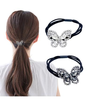 Xiwstar 2Pcs Elegant Women Girls Hair Scrunchies Crystal Rhinestone Butterfly Hair Ties Bands Accessories Ponytail Holder