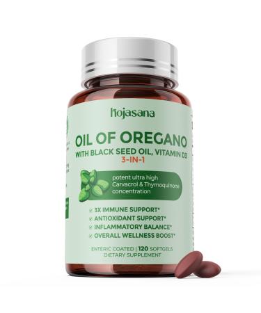HojaSana Oregano Oil with Black Seed Oil Vitamin D3, 3-in-1 Enteric Coated Softgels Oregano Herbal Supplement for Immune Support & Overall Welleness, 60-Day Supply