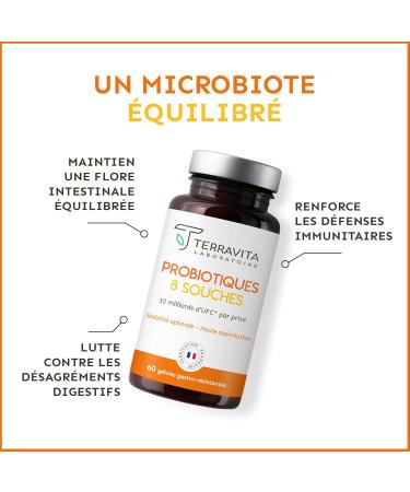 Probiotiques Flore Intestinale | Microbiote et Sant Digestive | 8 Souches Bio-actives dont Lactobacillus Reuteri et Acidophilus | 60 G lules Gastro-r sistantes | Made in France | Terravita - Buy Online on GoSupps.com