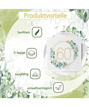 60th Birthday Decoration Napkins | 40 Eucalyptus & Gold Green Paper Napkins for Men & Women | Perfect for 60th Birthday Parties | Jiaju C1 - Buy Online on GoSupps.com