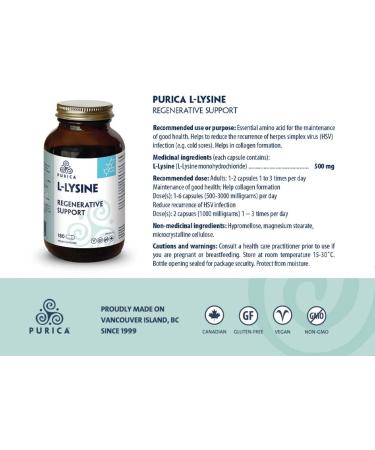 PURICA - L-Lysine 180 Vegan Capsules - Regenerative Support - Helps in Collagen Formation - An Essential Amino Acid for Maintaining Good Health - Buy Online on GoSupps.com