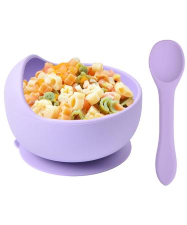 Delven Baby Bowls Spoons for Feeding Silicone Toddler Weaning Bowls Set Purple with Suction BPA Free Non Slip Easy to Clean Cutlery Tableware Set for Children Infant Girls Microwavable Dishwasher Safe