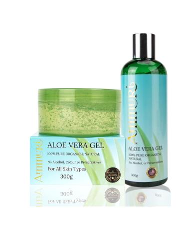Ammuri Organic Aloe Vera Gel 2 Pack and 300ml Jar - 100% Pure Aloe Vera for Skin and Hair Care - Non-Sticky & Fast Absorbing - Multi-Purpose Hydration