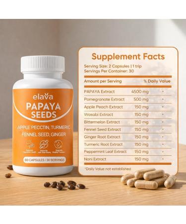 Elava Papaya Seed Capsules Papaya Seeds Organic Digestive Herbal Blend with Turmeric Ginger Peppermint & Fennel Non-GMO Gluten & Lactose Free 60 Capsules 1 - Buy Online on GoSupps.com