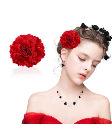 VIKSAUN Flower Hair Clip Peony Hairpin Dancer Pin up Flower Brooch Wedding Bridesmaid Hairpins Hair Accessories Wedding Prom Party Special Occasion Vintage Fascinator Rose Red (Red)