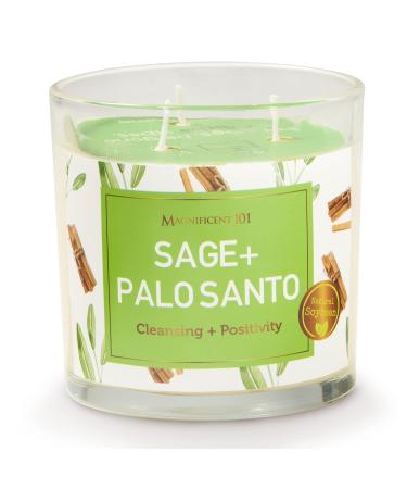 Magnificent 101 Sage & Palo Santo Energy Cleansing Candle in 14-oz. Glass Holder: 100% Natural Soy Wax & Essential Oils for Smudging, Aromatherapy, Meditation, Intention Setting; Housewarming Gift Sage + Palo Santo