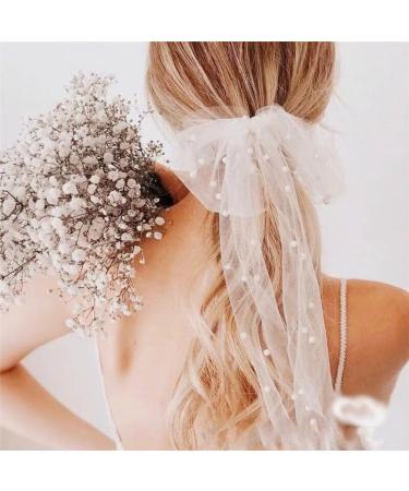60CM Bridal Bow Veil Hair Clip Wedding Large Bowknot Lace Hair Barrettes with Pearl French Vintage White Veil Hair Accessories for Women Girl - Buy Online on GoSupps.com