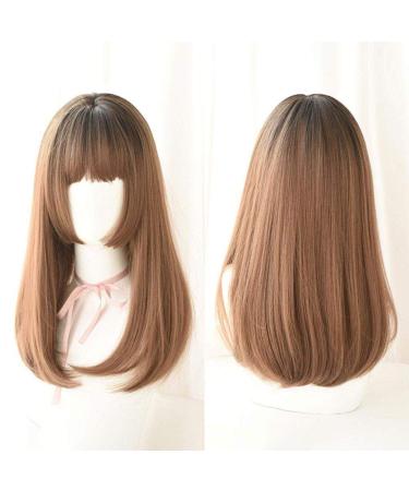 Hairpieces Japanese Long Straight Lace Front WIGS With Air Bangs 2 Tone Color Mix Heat Resistant Synthetic Fiber Hair for Cosplay 20 Inches WiThoneypuddingbrown Gradient Wood Ashnuring Tools