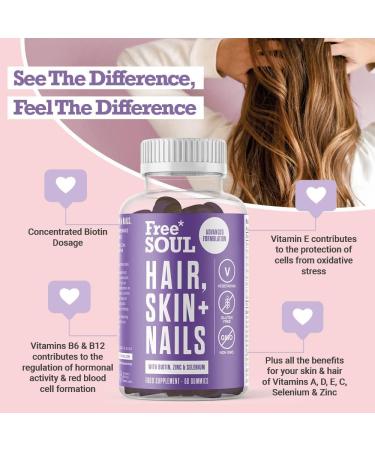Hair Skin & Nails Gummies with Biotin for Hair Growth & Skin Health - Vitamin Enhanced Supplement with Zinc & Selenium - 60 Advanced Gummies | Free Soul - Buy Online on GoSupps.com