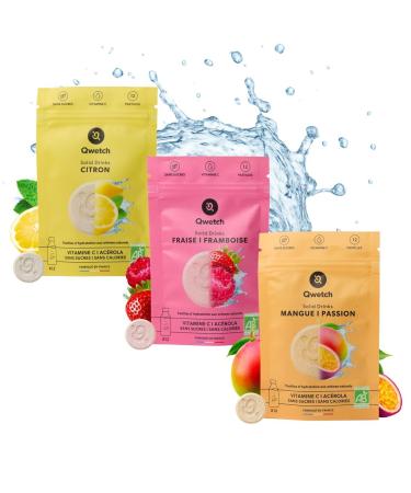 QWETCH Qwetch Organic Solid Drinks 36 Hydration Tablets with Natural Vitamin C Sugar-Free Calorie-Free Drink Lemon Mango & Passion Fruit Strawberry & Raspberry Flavors Vegan Made in France
