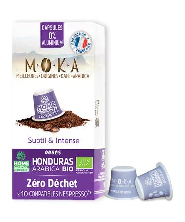 MOKA 10 Capsules 100% Pure Organic Honduran Arabica - Compatible with Nespresso Capsule Machines - Intensity 7 - Biodegradable and Home Compost - Espresso and Lungo - Roasted in France.