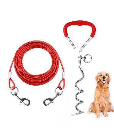 Hawsam 32ft Dog Tie Out Cable for Dogs 16" Chrome Plated Anti Rust Stake Dog Chain for Outside Great for Camping or The Garden Suitable for Harness Leash & Chain Attachments Red Stake With 32ft Cable