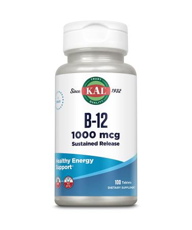 KAL Vitamin B12 1000mcg Sustained Release Supplement for Healthy Energy Metabolism Heart Health Nerve and Red Blood Cell Support Long-Lasting Formula Vegan 100 Servings 100 Tablets