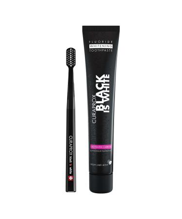 Curaprox Black is white set for white teeth tooth whitening with black toothpaste made of activated carbon whitening tooth paste 1x toothbrush and toothpaste 90ml 90 g (1 Pack)