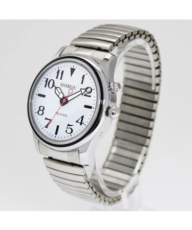 SHMIOU English Talking Watch for Seniors | Silver Retractable Band | Quartz Analog Voice with Alarm | Unisex - Buy Online on GoSupps.com