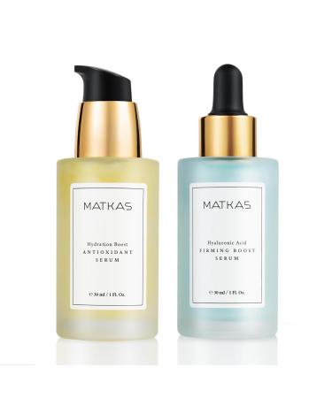 MATKAS Korean Hyaluronic Acid Serum + Korean Hydration Boost Antioxidant Serum - 2 Pack / 1 Fl. Oz each - with Niacinamide, Vitamins, Peptides for Dark Spots, Anti Aging Serums, Korean Skincare Bundle