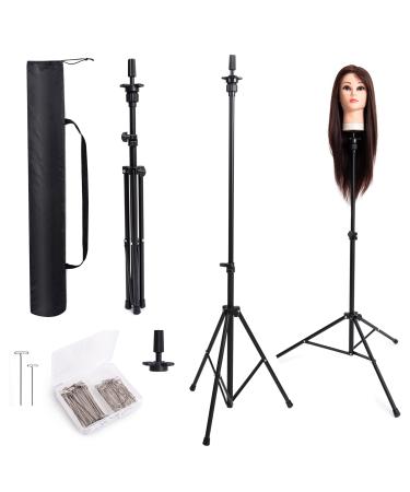 GOODOFFER PLACE Wig Head Stand Metal Mannequin Head Tripod Stand Adjustable with Carrying Bag,30pc T-PIN for Maniquins Head Manikin Head Training Canvas Block Head Hairextension Cosmetology Light Black