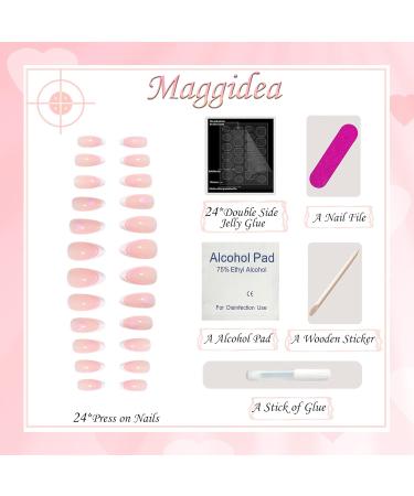 False Nails Medium Length Almond Pink French Stick on Nails - 24pcs with Glue | Elegant Ballet Heart Design | Sweet Fake Nails for Women Girls DIY - French Love - Buy Online on GoSupps.com