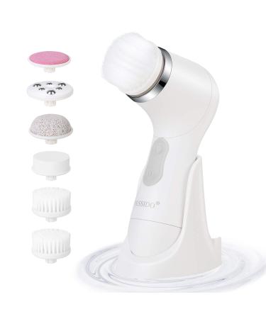 PESSIDO Facial Cleansing Brush  Waterproof Spin Face Brush Set with Holder and 6 Brush Heads  Gentle Exfoliating  Deep Cleansing  Massaging and Removing Blackhead for Women and Men (White)