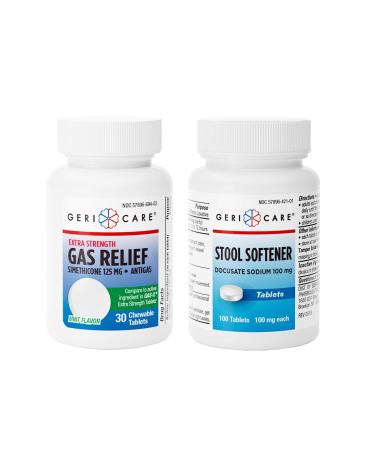 GeriCare Stool Softener Docusate Sodium 100 mg & Chewable Extra Strength Gas Relief Simethicone 125 mg Gentle Constipation Relief and Fast Gas Bloating & Pressure Relief Bundle Digestive Health