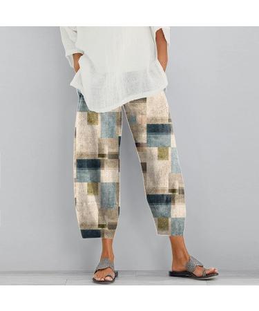 Gufesf Women's Summer Cropped Cotton Linen Capris Pants - Beige Large | Casual Loose Fit Trousers with Pockets - Wide Leg Pants - Buy Online on GoSupps.com