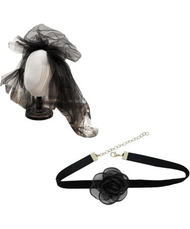 amangul Gothic Floral Headband Black Flower Headpiece Choker Necklace Tulle Veil Cosplays Costume Accessory Halloween Jewelry(Black Veil And Black) - Buy Online on GoSupps.com