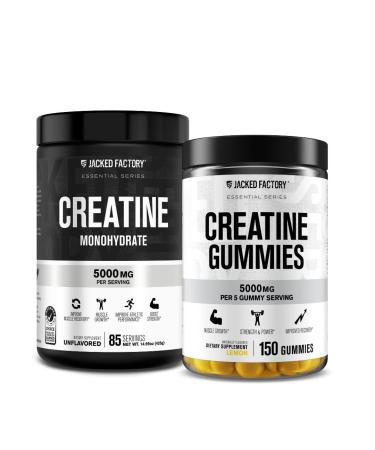 Jacked Factory Creatine Monohydrate Gummies (150 Gummies Lemon) & Creatine Monohydrate Powder (85 Servings Unflavored)