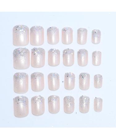 Buy 24 Pcs Glitter French Press on Nails | Nude Fake Nails with Silver Glitter | Short Square Full Cover Stick-On Nails for Women | Spring Summer Acrylic Nail Design - Buy Online on GoSupps.com