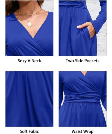 OUGES Women's Spring Casual Midi Dress | Long Sleeve V-Neck Floral Wrap Dress | Pockets | Blue - Buy Online on GoSupps.com