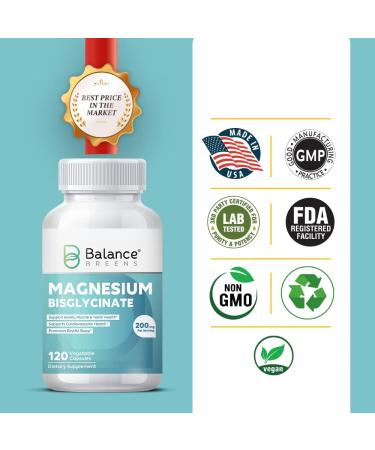 Balance Breens Magnesium Bisglycinate 200mg - 120 Vegan Capsules for Heart Health, Muscle Cramps, Bone Health & Mood - Non-GMO, Gluten Free - Buy Online on GoSupps.com
