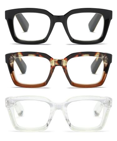 3 Pack Oversize Square Design Reading Glasses for Women, Blue Light Blocking Computer Reader Black&leopard&transparent 1.25 x