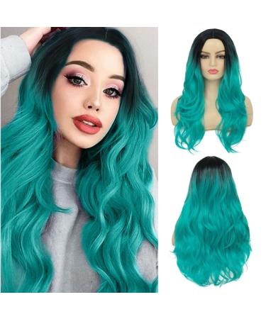 Siudus black to teal blue Long curly wigs for women middle part Wavy wave hair wig heat -resistant fiber cosplayeen wig blue green - Buy Online on GoSupps.com