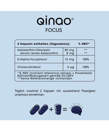 Qinao Focus Bottle 60 Dragees | Brainfood for Concentration | Natural Astaxanthin | High Bioavailability | Made in Germany - Buy Online on GoSupps.com