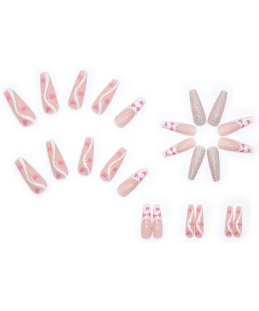 24pcs Long Coffin Ballerina False Nails with Glue - Full Cover Press on Manicure for Women Girls - Pink Heart Design - Buy Online on GoSupps.com