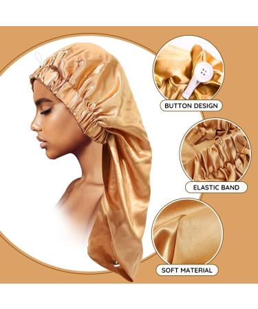 Extra Long Satin Bonnet for Women - 2 Pcs Braid & Curly Hair Bonnets - Soft Silk - Black/Golden - Buy Online on GoSupps.com