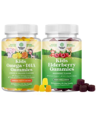 Bundle of Kids DHA Omega 3 Gummies - Fatty Acids Omega 3 6 9 for Brain Immune Strength & Vision - Nutritional DHA and Sambucus Elderberry Gummies for Kids Health - Zinc & Vitamin C for Immune Support