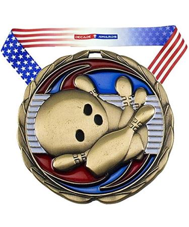 Decade Awards Bowling Color Medal - 2.5 Inch Wide Tournament Medallion with Stars and Stripes American Flag V Neck Ribbon GOLD