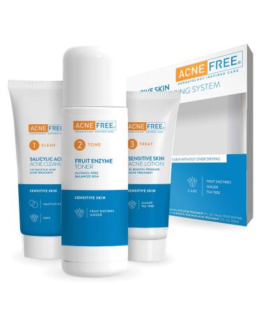 Acne Free 3-Step Acne Treatment Kit with Salicylic Acid Face Wash, Alcohol-Free Toner, & Benzoyl Peroxide Lotion for Sensitive Skin and Fighting Breakouts, 24 Hour Face Clearing System