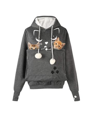 Amoyun women hooded sweater with cat dog big bag fashion unisex cat ear long arm hoodie sweatshirt hood hoodie dog pocket for pet dog cat keeper xl gray