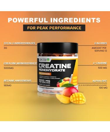 Creatine Monohydrate Gummies 5000mg of Creatine Per Serving with Alpha-GPC & Taurine Mango Flavor Enhance Brain Function Muscle Growth Support Pre Workout Gummies for Men and Women - 120pcs Mango 120 Count (Pack of 1) - Buy Online on GoSupps.com